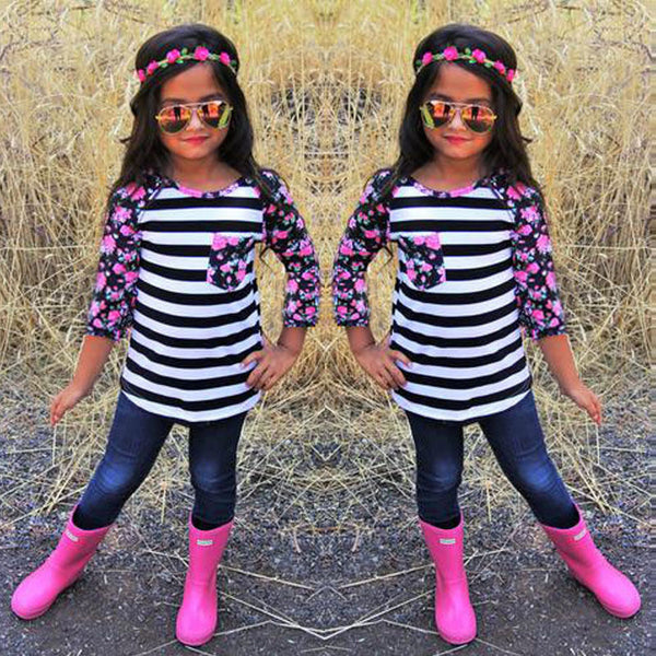 Striped Flower Patchwork With Long Sleeve Shirt