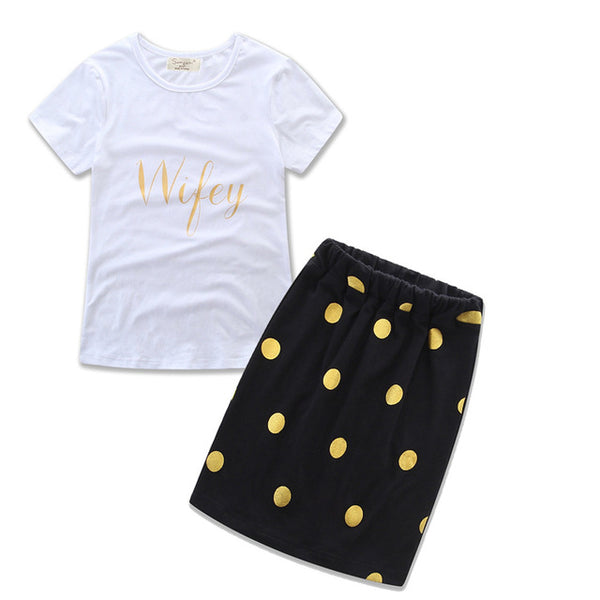 Polka Dot Skirt With Elegant Printed Shirt
